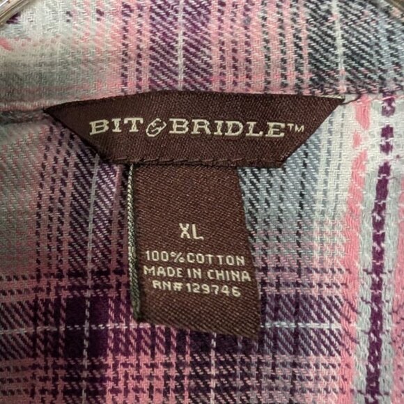 Bit & Bridle Pearl Snap Shirt Womens Size XL Pink Cotton Western Ranch Flannel - Picture 4 of 9